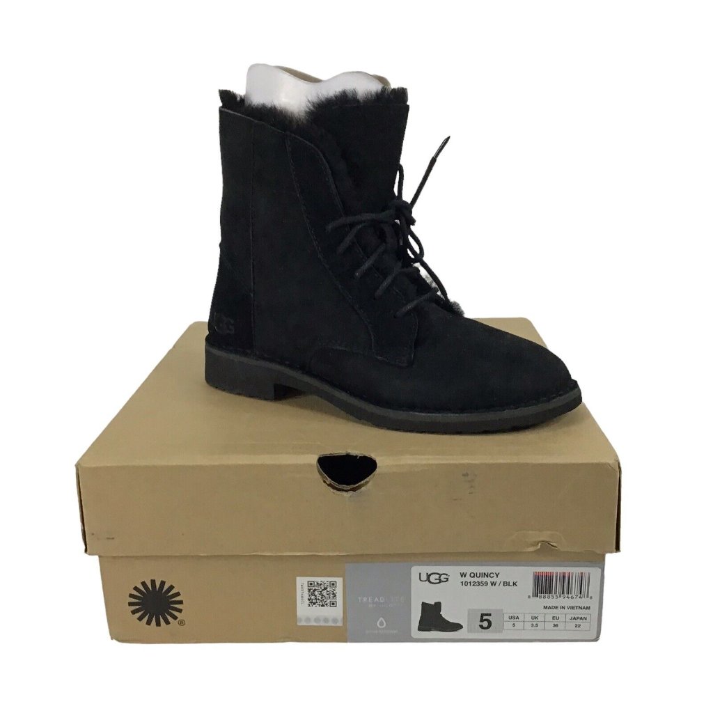 Ugg Quincy Black Suede/ Sheepskin Winter Ankle Boots, Us 5/ Eur 36 ~New